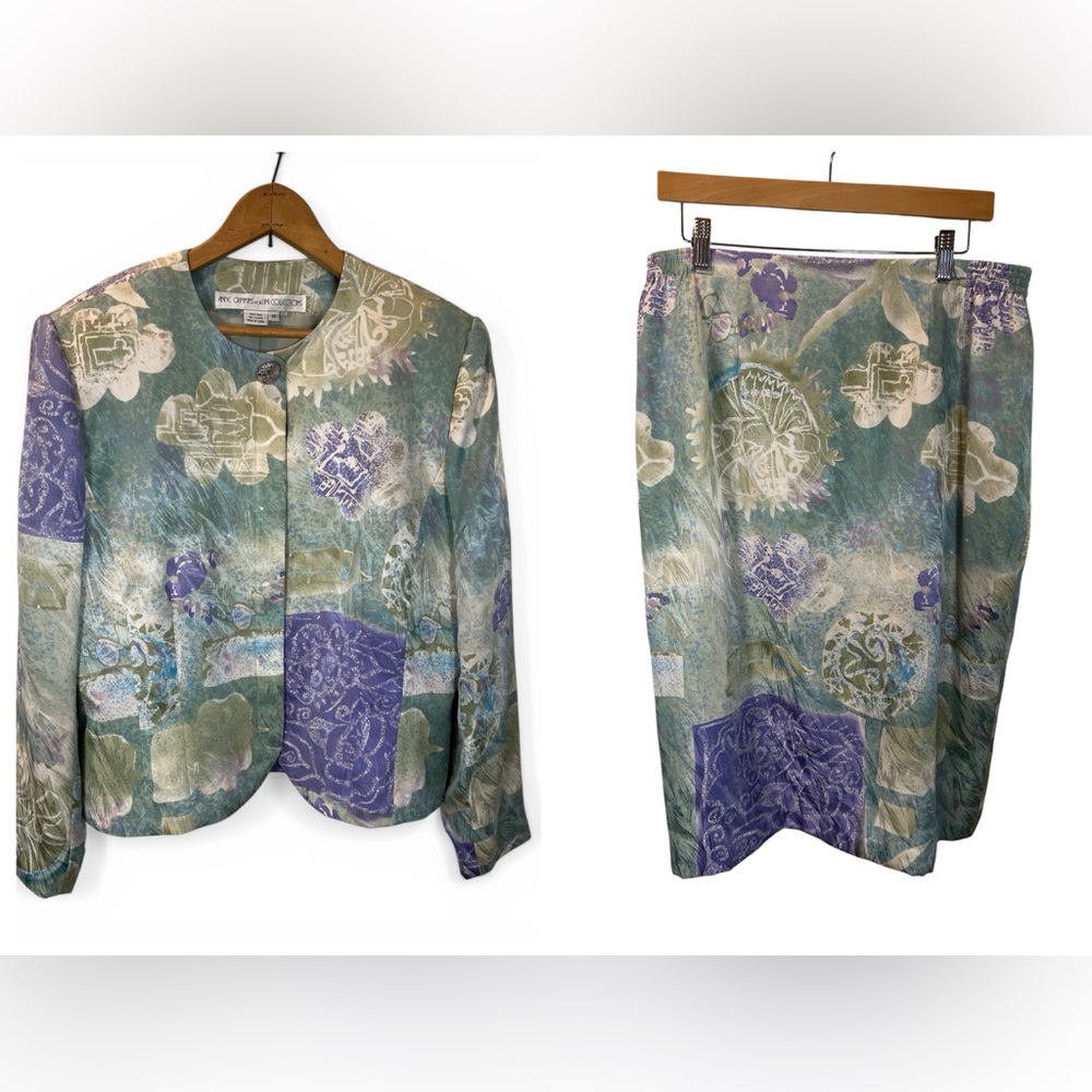 VTG Anne Crimmins for UMI Collections 100% Silk Skirt Suit Set Size 16 Abstract